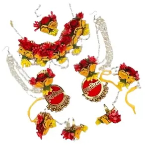 Handmade Artificial Multicolour Flower Jewellery Set Necklace, Neck Band | Earrings | Tika and Bracelet for WOmen and Girls