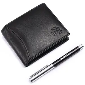 MEHZIN Men Formal Solid Black Genuine Leather Wallet with Pen (9 Card Slots)