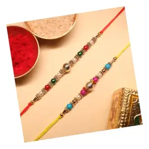 SVASTAM Designer Rakhi Set of 2, Multicolor Beads and Pearl with Roli Chawal Pack