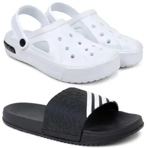 Pampy Angel Combo Pack of 2 Slipper/Flip Flops/Slides/Clogs/Sandals with Adjustable Back Strap for Men,(Cl-Tube-White,Shimla-Black),10 (UK/India)