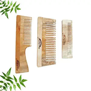 GrowMyHair Neem Wood Comb Anti-Bacterial Anti Dandruff Comb for All Hair Types, Promotes Hair Regrowth, Reduce Hair Fall (Set of 3 , Broad, Handle & Pocket Comb)