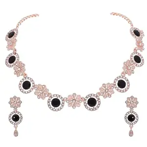 Rose Gold-Plated Artificial Stone Studded Necklace Jewellery set with 1 Pair of Earring(AB_Bitcoin-Rosegold-Black)
