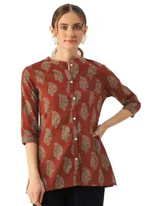 FABRIC FITOOR Women's Cotton Floral Print Mandarin Collar Maroon Color Readymade Casual Shirt (Size-M)