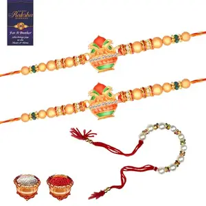 De Marquis 2 Designer Rakhi With 1 Lumba Rakhi, Roli-Chawal Pack, Greeting Card (Bhaiya Bhabhi Rakhis) Couple Rakhee