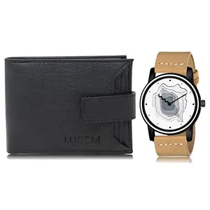 LOREM Combo of Beige Wrist Watch & Black Color Artificial Leather Wallet (Fz-Wl08-Lr68)