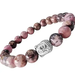 Natural Rhodonite Bracelett with Buddha Head – Emotional Healing Crystal Jewelry for Men & Women – Attracts Money, Wealth, Success & Positive Energy – Stretchable Gemstone