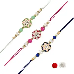 I Jewels Meenakari Handcrafted Combo Bhaiya Rakhi With Roli Chawal & Rakshabandhan Greeting Card for Brother/Bro/Bhai/Men (R169Min-Q-Bl)(Set Of 3)