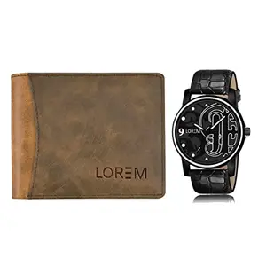 LOREM Combo of Black Wrist Watch & Beige Color Artificial Leather Wallet (Fz-Wl26-Lr70)