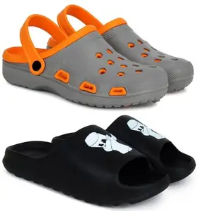 Pampy Angel Combo Pack of 2 Slipper/Flip Flops/Slides/Clogs/Sandals with Adjustable Back Strap for Men,(Cl-Shell-Grey,Y-Dancer-Black),8 (UK/India)