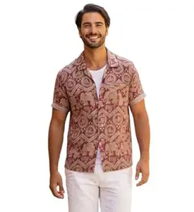 Glowic Men's Premium Cotton Blend Printed Cuban Collar Shirt | Stylish Elephant Motif Half Sleeve Beach Wear Casual Button Down Hawaiian Shirt for Men