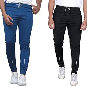 POPLENS Stylish Stretchable Solid Track Pants for Men (L, Airforce Blue & Black)