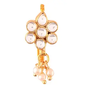ACCESSHER Traditional Gold Plated Jadau/Pachi Kundan Embellished Delicate Floral Design Clip On/Non-Piercing Nose Pin/Nathani for Women and Girls