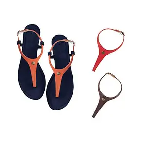 Cameleo -changes with You! Women's Plural T-Strap Slingback Flat Sandals | 3-in-1 Interchangeable Leather Strap Set | Orange-Red-Brown
