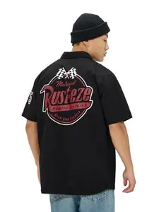 The Souled Store Cars: Rest-eze Men and Boys Collared Neck Button Front Black Graphic Printed Cotton Oversized Half Sleeve Shirts