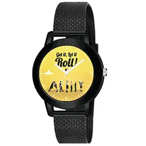 AROA Watch for Womens with Let It Roll BTS Butter Army Model :455 in Black Metal Type Rubber Analog Watch Yellow Dial for Women Stylish Watch for Girls