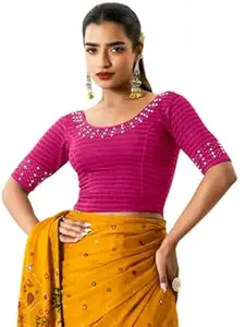 MRSWEARS Women's Regular Fit Readymade Stretchy Elbow Length Embroidered Saree Blouse