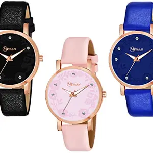 MIVAAN Analogue Leather Strap Girls & Women's Watch (Dial & Strap Black & Pink, Blue) (Pack of 3)