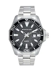 Giordano Stainless Steel Analog Watch for Men – Classic Sporty Design | Textured Dial, Quartz Movement and Date Display with Magnifier