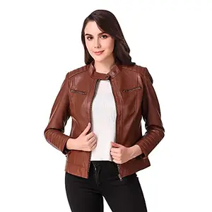 Leather Retail Woman Brown Color Faux Leather Jacket (L, Brown)