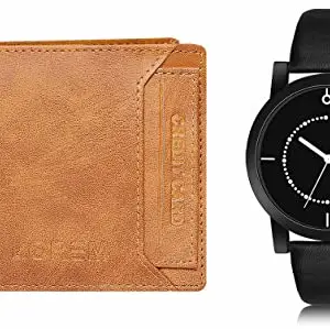 LOREM Orange Color Faux Leather Wallet & Black Analog Watch Combo for Men | WL06-LR49