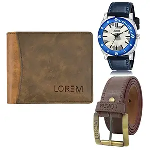 LOREM LOREM Mens Combo of Watch with Artificial Leather Wallet & Belt FZ-LR54-WL26-BL02