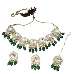 Kundan stone Choker Necklace Set with Green Beads.