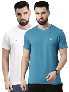 Force NXT Round Neck T-Shirt for Men Pack of 2 (Sea Port & White)| Size - L | Regular Fit T-Shirt for Men | Premium Super Combed Rich Cotton Round Neck Tshirt | Men's Ultra Soft Half Sleeve T-Shirt