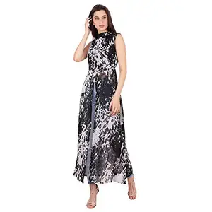 My Swag Women's Floral Print A-line Front High Slit Maxi Dress (S, Black2)