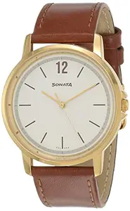 Sonata Men Leather White Dial Analog Watch -Nr77083Yl02W, Band Color-Brown