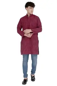 Mens Khadie Cotton Full Sleeves Solid Casual Mandarian Neck Long Kurta_Maroon_XL