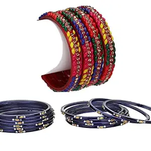 Colorful Glass Bangles/Kada Set Combo Ornamented With Colourful Chips & Beads_D1076 (AkBang2-KA1.d_bang)