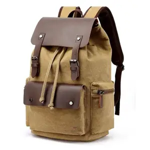 TOURTIER Canvas Travel Daypack Drawstring Backpack Flip Bag Retro Laptop Bag for Men Women (KHAKHI)