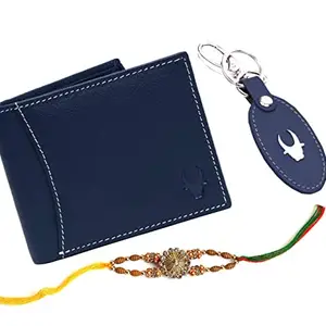 WildHorn Rakhi Gift Hamper for Brother - Classic Men's Combo/Gift Set of Leather Wallet, Keyring and Rakhi for Brother (Navy Blue)