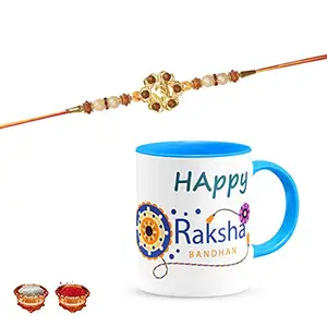 Manonita Rakhi Gift for Brother, bhaiya bhabhi, Gift Set (Rakshabandhan Mug, Roli,Chawal) BLUEMUG-4-BJ