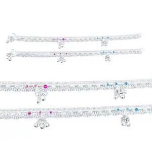 linked jalra German Silver Anklets Set of 2, Design with Coloured Stones, Contemporary Style, Silver Plated-layer by layered Traditional collection -10 Inch