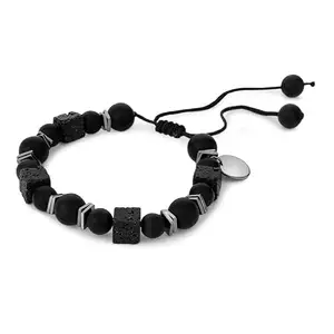 Fab Couture Men Rare Stone Bracelet | Drawstring Closure | Black Natural Stone Beaded Bracelet | Adjustable Fit | Handmade | Fashionable and Durable | Fashion for Men | Luxury Gifting Box |