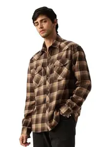 The Souled Store Plaid Shirt: Carafe Men and Boys Long Sleeve Spread Collar Brown Plaid Lightweight Easy to Style Everyday Office Wear Cotton Regular Shirt