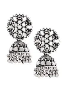 OOMPH Jewellery Oxidised Silver Mirror Kundan Floral Jhumka Earrings for Women & Girls