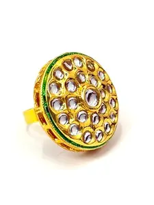 Shomor Fashion Gold Tone Traditional Kundan Tilak Shape Adjustable Finger Ring For Women