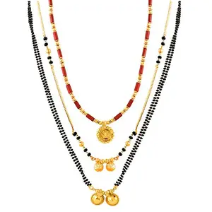 MEENAZ Combo Traditional Temple One Gram Gold Meenakari Copper Brass Wati Mangal sutra Pendant Tanmaniya Black Beads Simple Long Short Mangalsutra Combo Set For Women girls chain -MC-M36