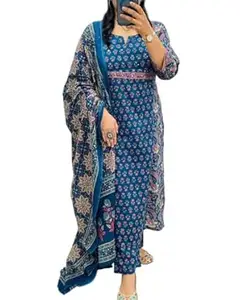 Veqreqmeq Women's Cotton Trending straight Printed Kurta with Pants and Dupatta Set | Ethnic Set (blue)