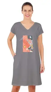 Clifton Women Heart Neck Long Top Nightwear-Sun with Moon-Steel Grey-L
