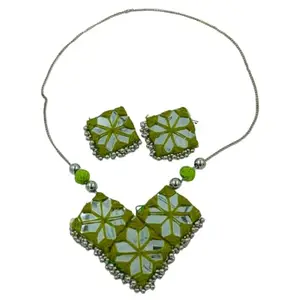 J & C Fashion Arena Beautiful Fabric Long Necklace set Embellished with Mirror and Ghungroo with matching Earrings for Women (Green)