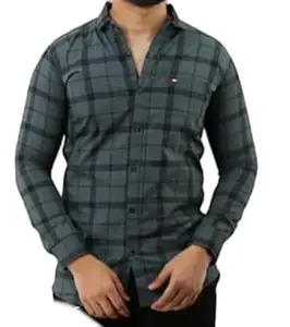 Mahima Ethnic Centre's Men’s Checkered Casual Shirt Slim Fit Teal Green Long Sleeve Button Down Shirt