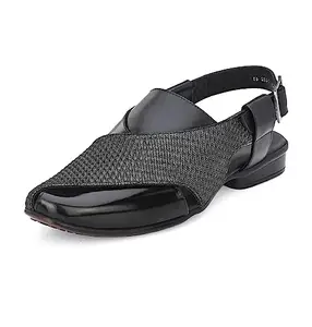 HITZ Men's Black Leather Peshawari Sandals with Buckle Closure - UK 7