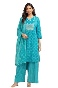 Women’s Cotton Printed Kurta Pant Dupatta Set | Teal Blue Ethnic Suit Set | 3/4 Sleeve Straight Kurti with Palazzo & Chiffon Dupatta | Festive & Casual Wear