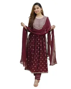 Sita Devi and Son's Embroidered Nayra Cut Kurti with Pent Dupatta Set for Women Beautiful Ethnic Kurta for Party and Casual Wear Set 3 Piece Suit with 3/4th Sleeves (Medium, Red)
