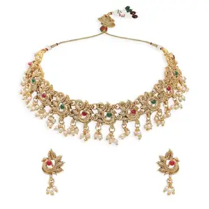 fabula Jewellery Gold Ethnic Choker Necklace Set with & Drop Earrings - Temple Design in Peacock Shape for Women & Girls Stylish Latest (NEJR23_AFR1)