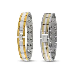 Bracotive Bio Magnetic Bracelet For Unisex Pack Of 2 | Stainless Steel Titanium Material | Silver Gold Polish | 22 Magnets Backside | Gift For Husband | Waterproof | Fashion With Health (GOLD)