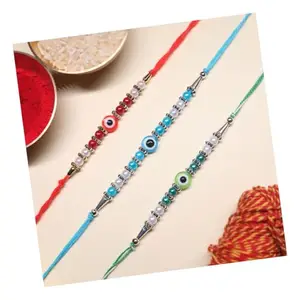 SVASTAM Evil Eye Rakhi Thread Bracelet for Brother, Handmade Premium Design, Set of 3 with Roli Chawal